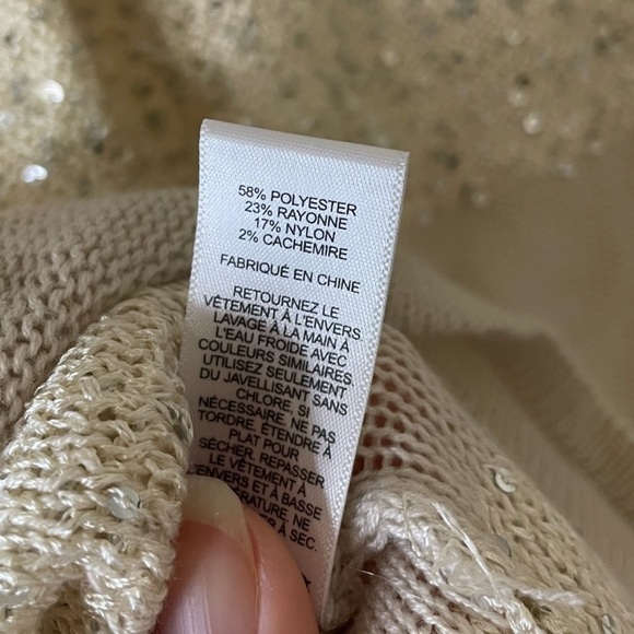 Express Sequined Sheer 3/4 Sleeve Knit Top XS Beige Cream V-Neckline - Picture 5 of 7